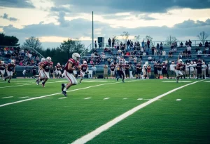 Northville Mustangs players on the field during a football game against Novi Wildcats
