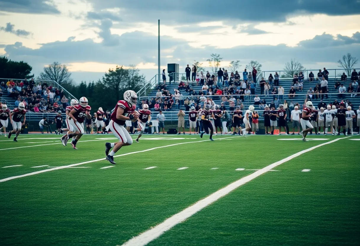 Northville Mustangs players on the field during a football game against Novi Wildcats