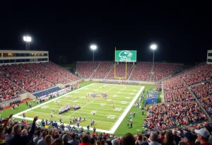 High school football game between Northville and Novi with spectators cheering.
