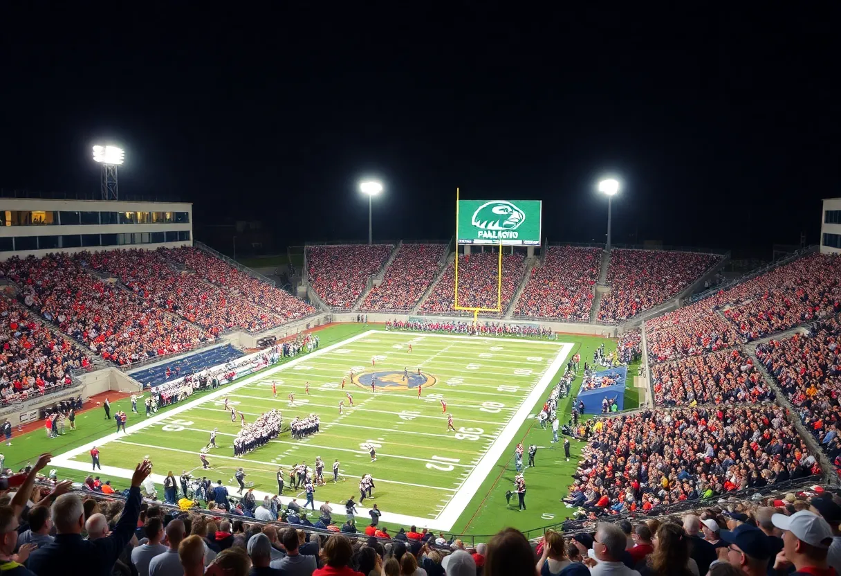 High school football game between Northville and Novi with spectators cheering.