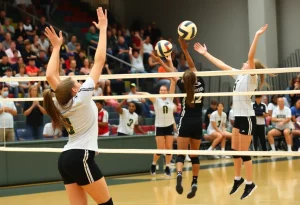 Novi High School volleyball team in action during a match.