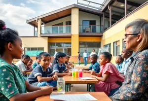 Students in a modern classroom environment with school facilities in the background.