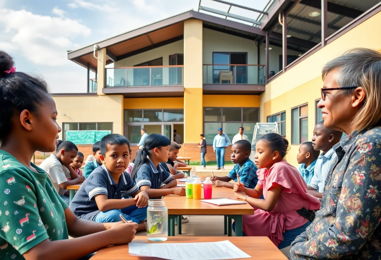 Students in a modern classroom environment with school facilities in the background.