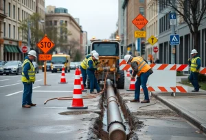 Workers repairing a water main break in Novi