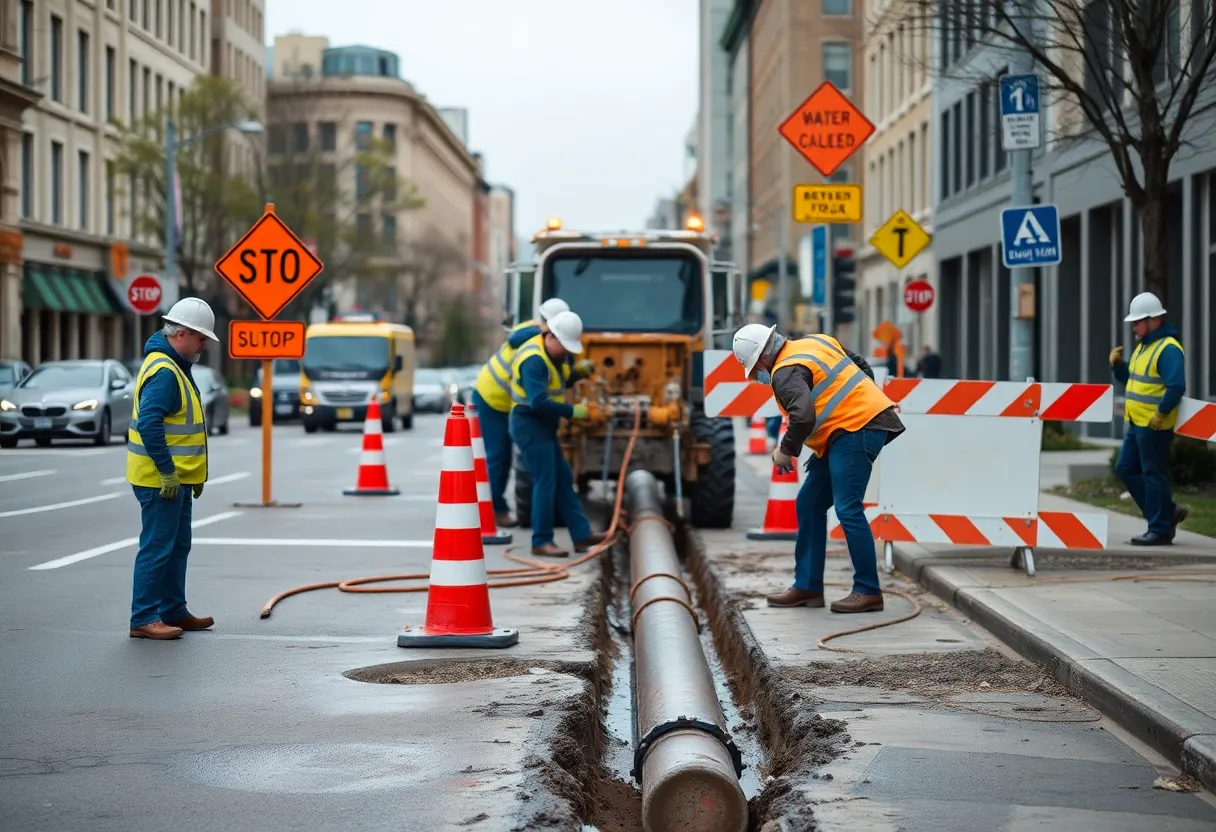Workers repairing a water main break in Novi