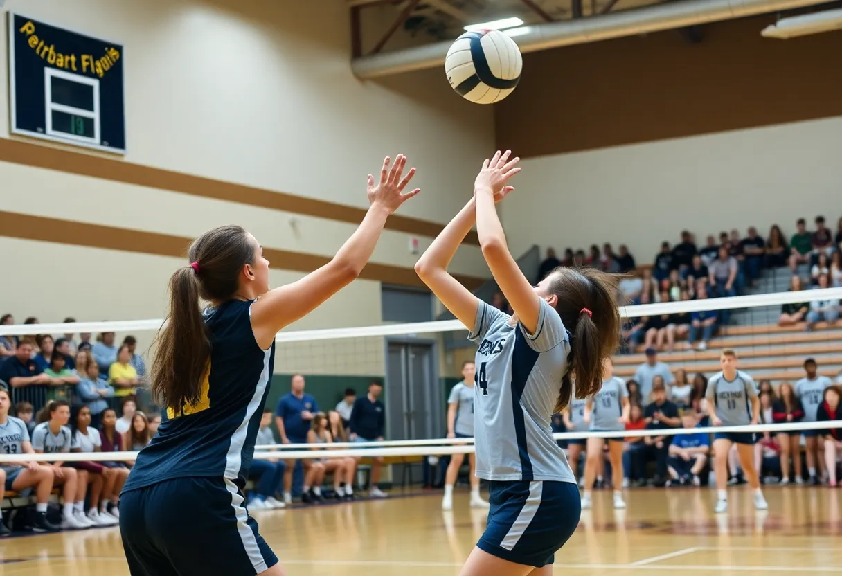 Novi Wildcats volleyball players in a game action during a match