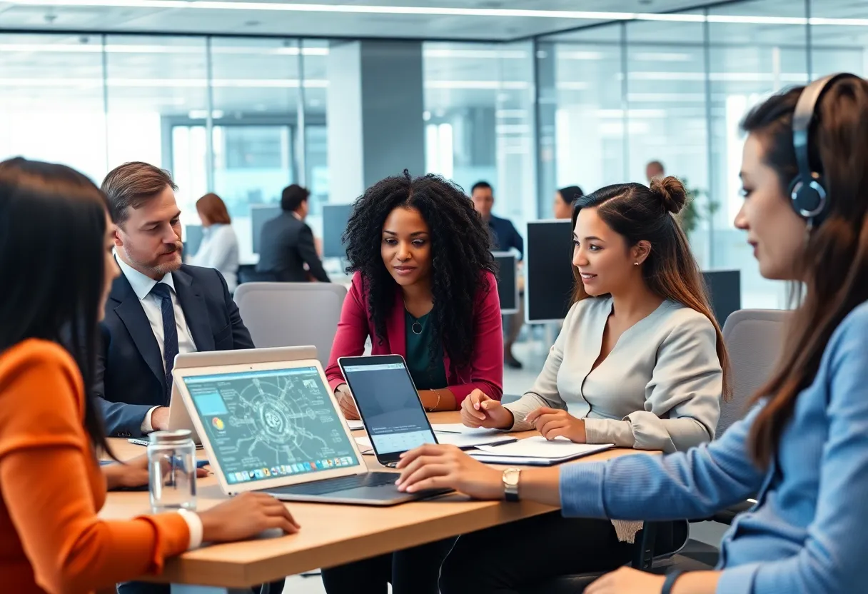 Professionals collaborating with Oracle's AI agents in an office environment.