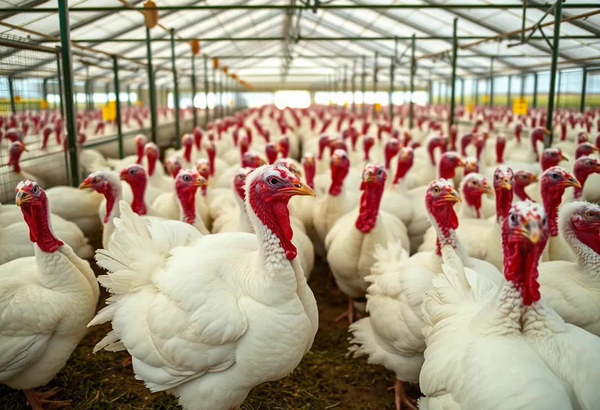 Commercial turkeys on a farm in Ottawa County, Michigan, with biosecurity measures in place.