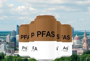 Illustration showing beer cans with chemical symbols for PFAS in a city background.