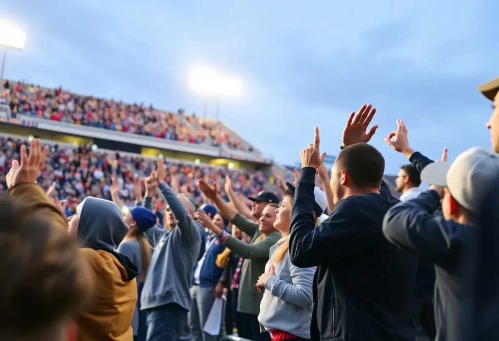 Fans cheering at a college football stadium