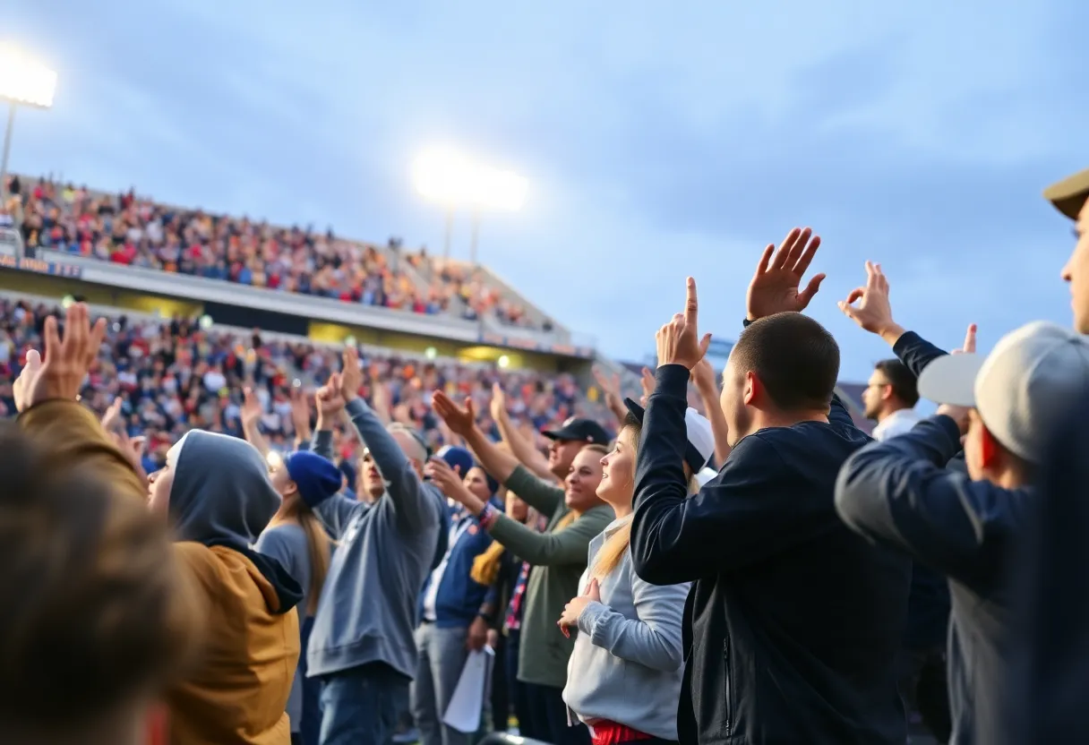 Fans cheering at a college football stadium