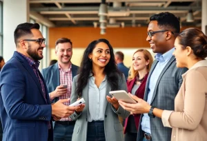 Business professionals discussing referral marketing strategies.