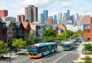 A vibrant Detroit cityscape with housing development and transit options