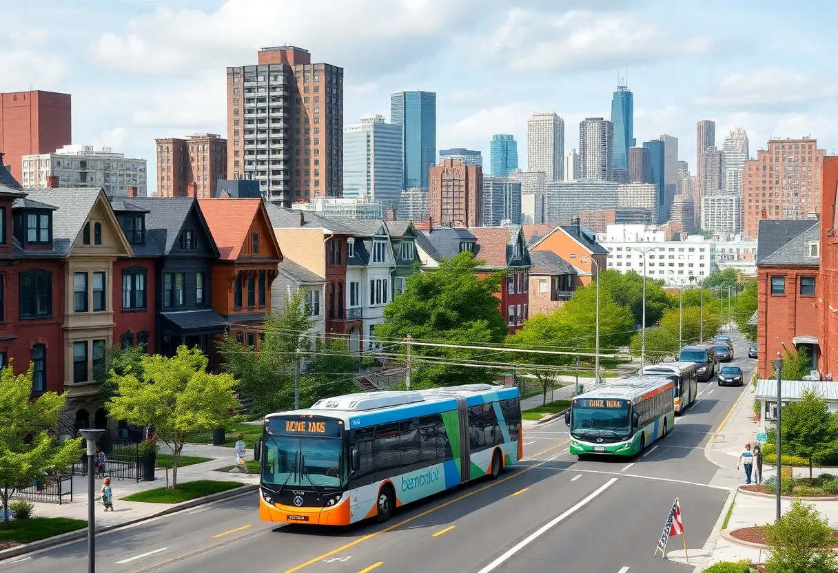 A vibrant Detroit cityscape with housing development and transit options