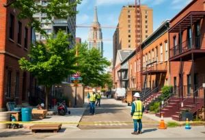 Urban neighborhood being revitalized in Detroit with home repair work underway.
