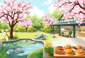 Sakura Gardens with cherry blossom trees and Paris Baguette bakery.
