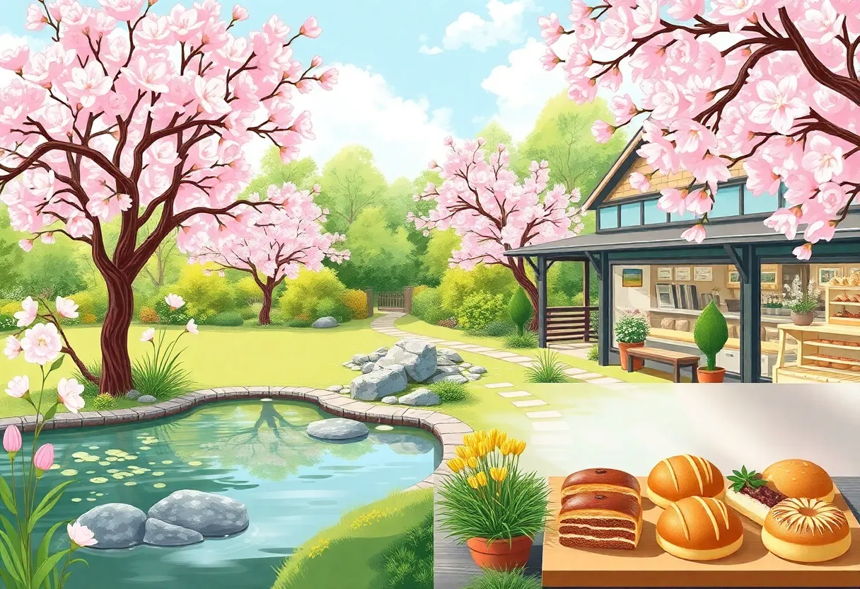 Sakura Gardens with cherry blossom trees and Paris Baguette bakery.