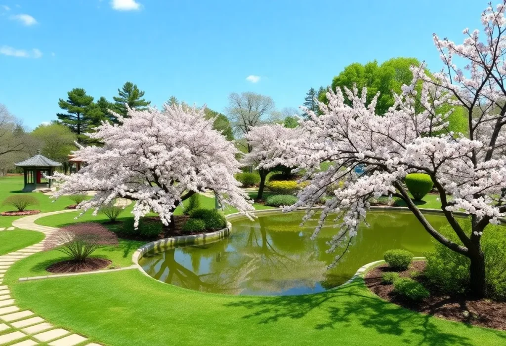Community garden with cherry blossom trees and a pond in Novi