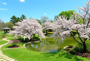 Community garden with cherry blossom trees and a pond in Novi