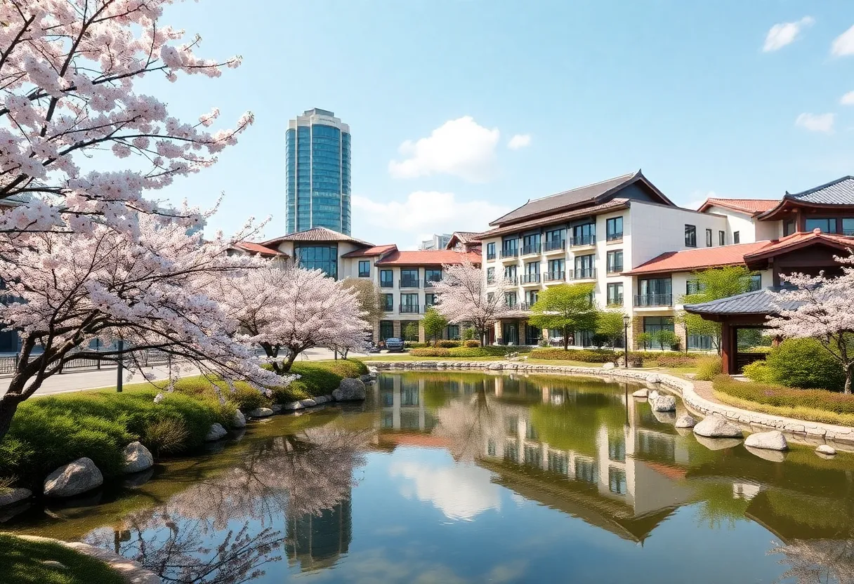 Sakura Novi Asian-inspired mixed-use development with cherry blossoms and pond