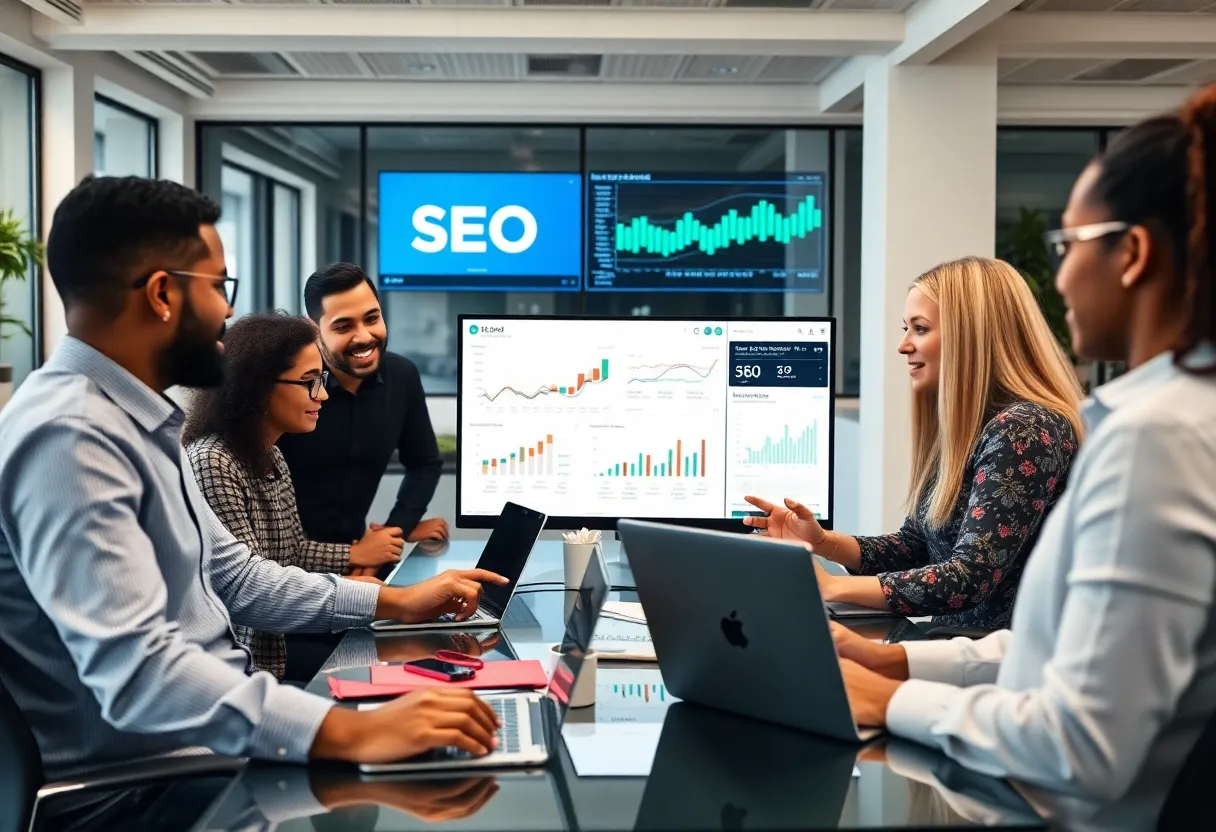 Team discussing SEO strategies in a digital marketing office