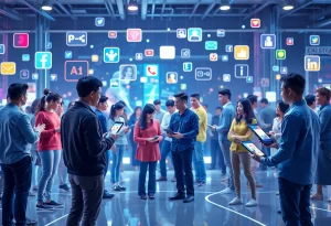 Illustration of diverse individuals engaging with social media platforms in 2025.