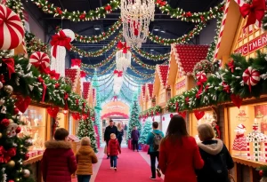 Families enjoying the Spirit Christmas pop-up store filled with holiday decorations.
