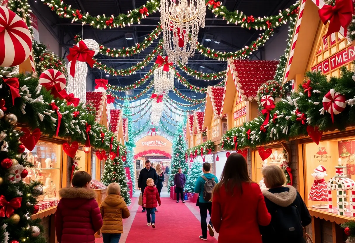 Families enjoying the Spirit Christmas pop-up store filled with holiday decorations.