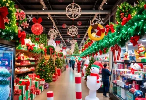 Inside of a Spirit Christmas store filled with decorations and festive merchandise.