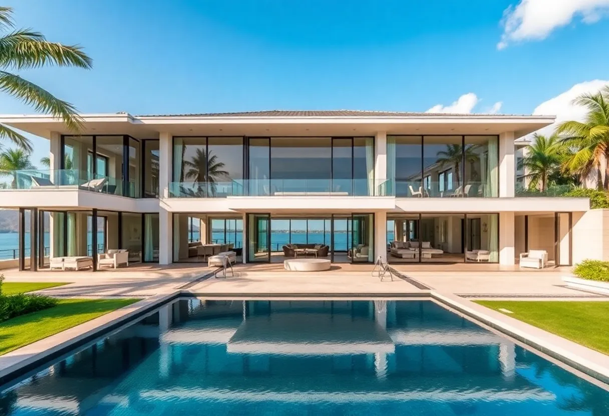 Luxury mansion with modern architecture and lake views