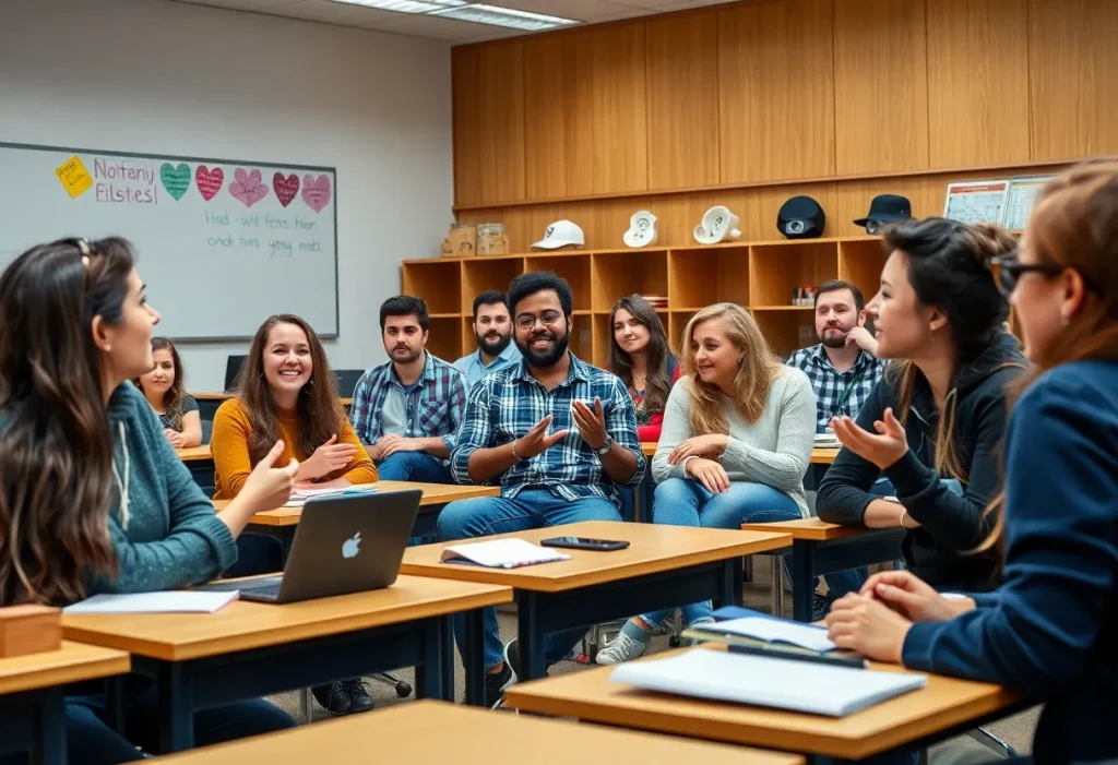 A diverse group of students in a classroom discussing pop culture topics.