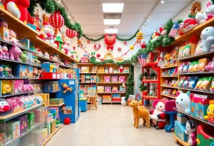Interior of a Toys R Us seasonal store showcasing a variety of toys.