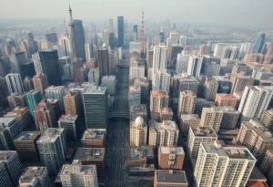 Aerial view of urban areas experiencing service disruption