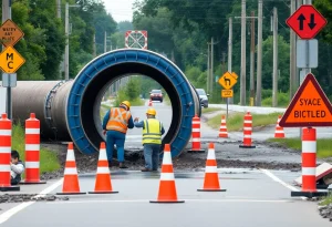 Construction workers repairing a water main under a road in Novi.