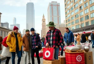 Outdoor scene featuring Woolrich x Target outdoor gear and home goods.