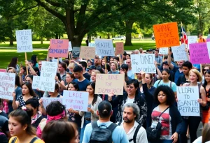 Crowd protesting in Ypsilanti with signs and banners