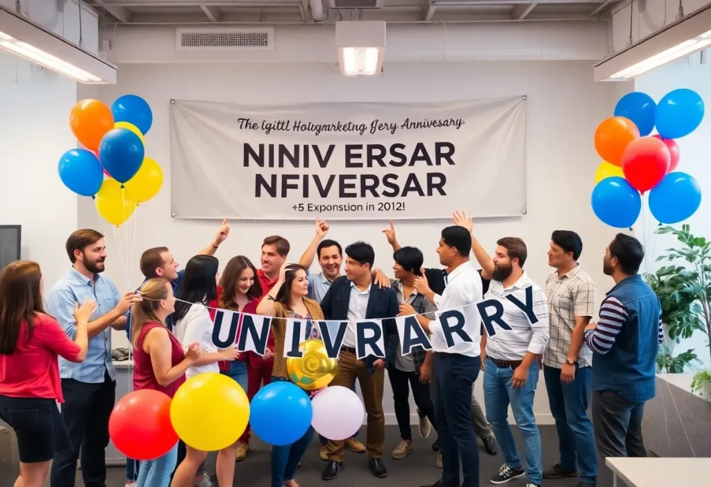 Team members celebrating Boomcycle's 20th anniversary in a festive office environment.