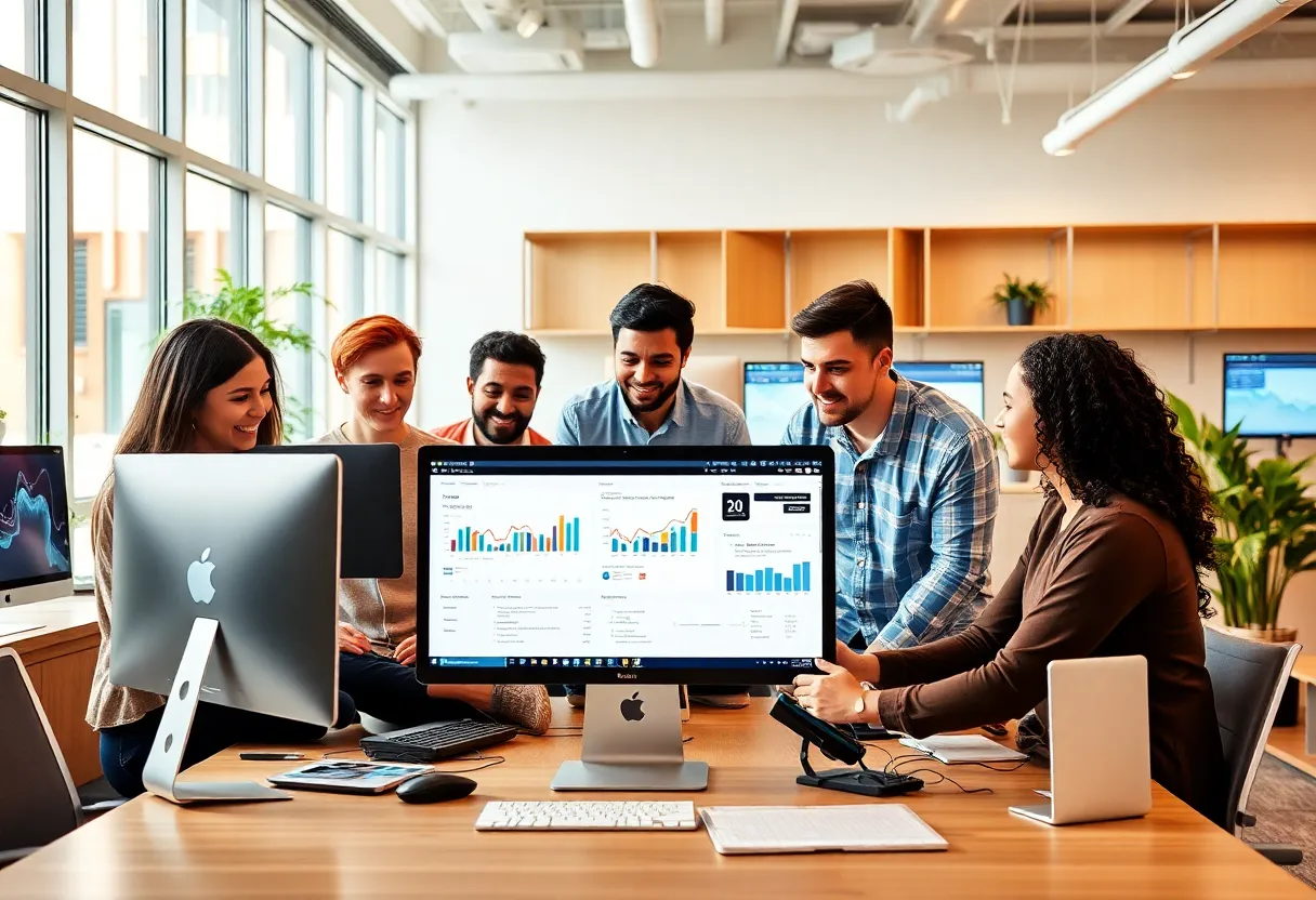 Diverse team at Boomcycle Digital Marketing celebrating 20 years of innovation.