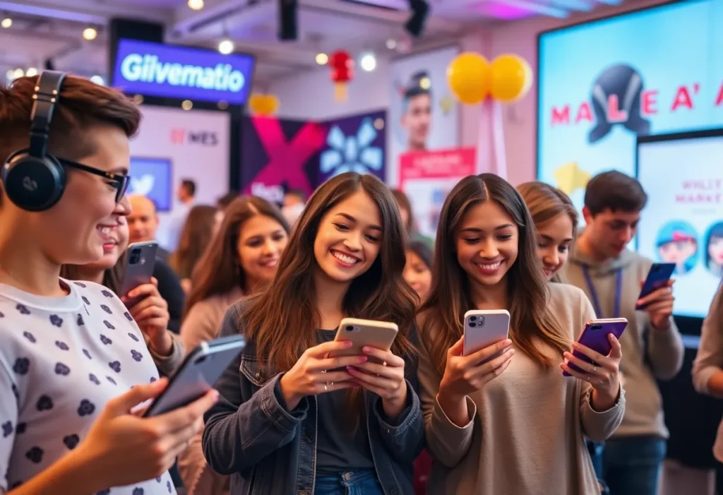 Vibrant scene of people engaged in social media marketing activities