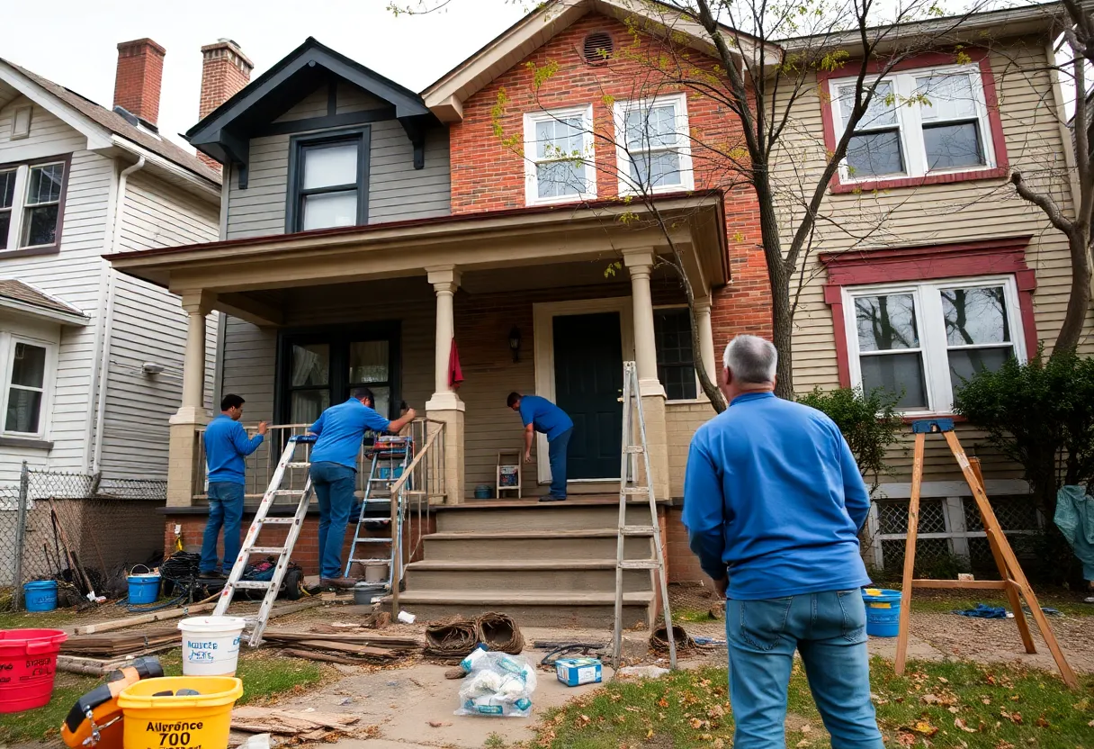 Workers repairing homes in a Detroit neighborhood