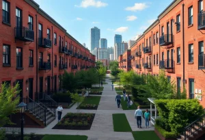 Families in front of renovated homes in Detroit