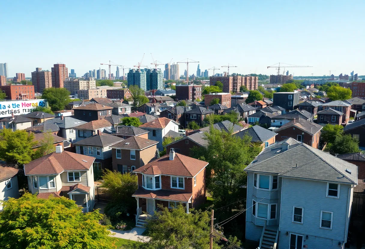A neighborhood in Detroit with old homes undergoing repair efforts.