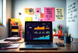 E-commerce marketing workspace with Shopify analytics on laptop