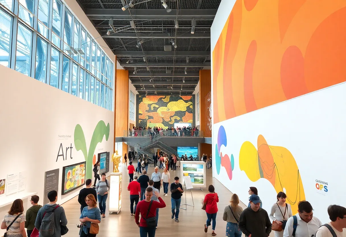 Visitors engaging with art exhibits in a lively museum environment, showcasing successful marketing strategies.