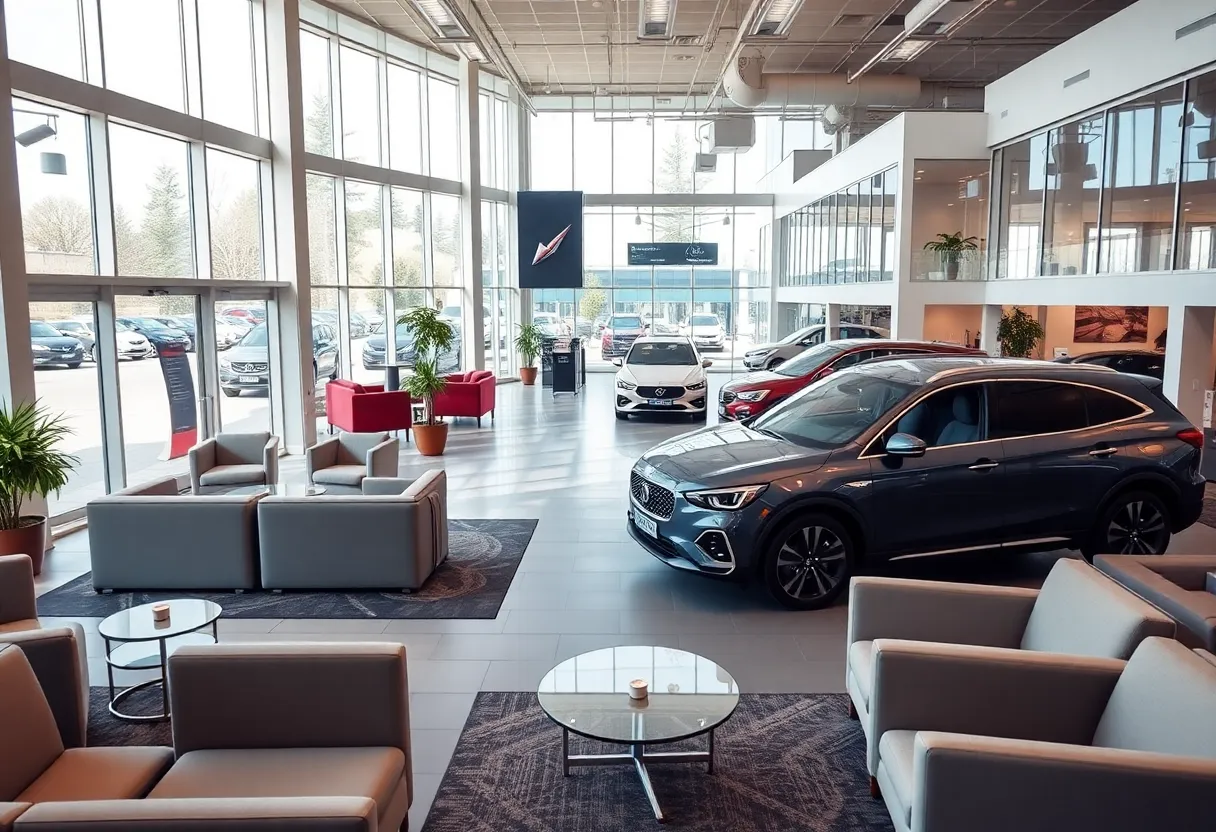 Interior view of a modern Ford dealership featuring lounge areas and customer hospitality.