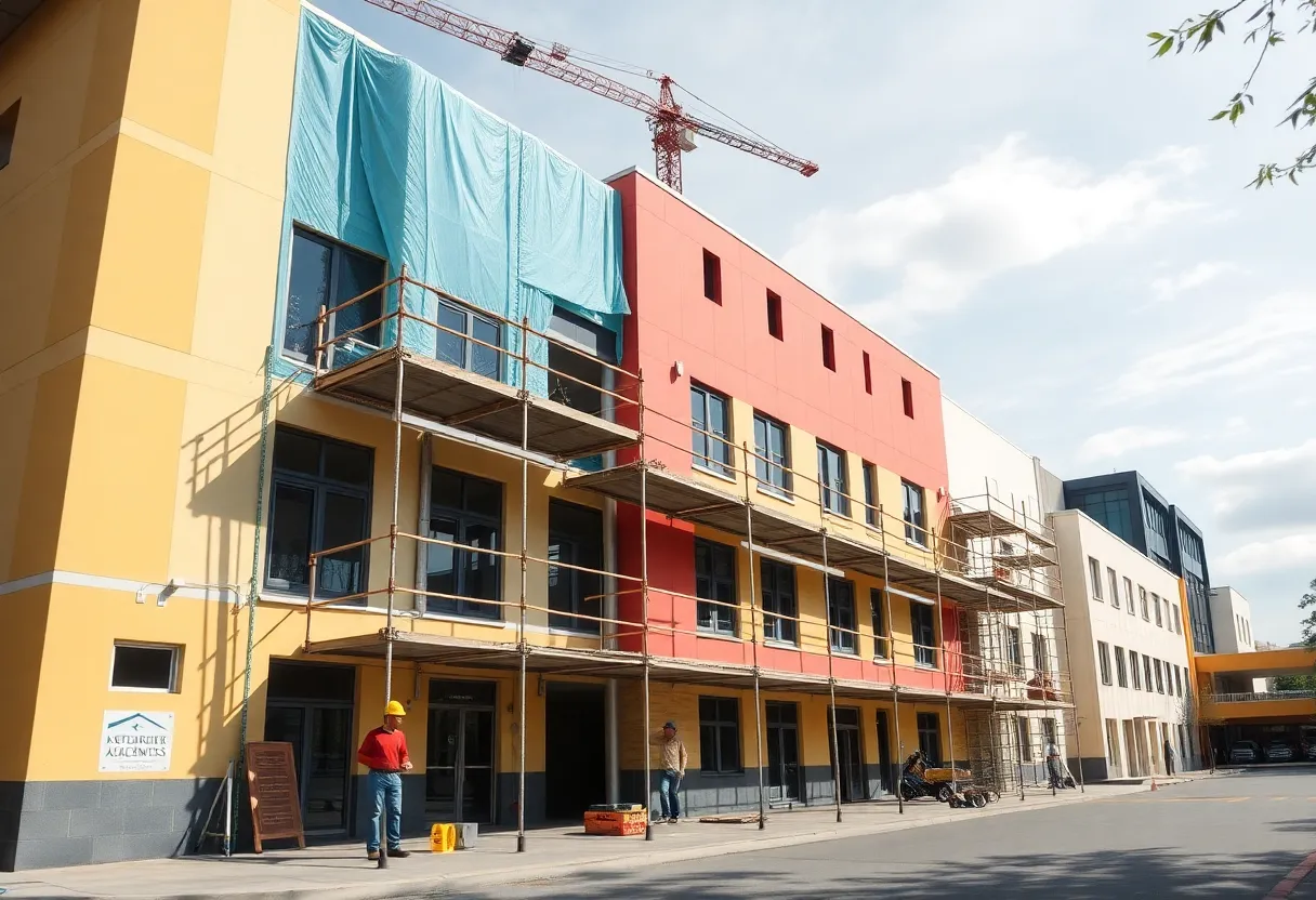 Construction workers renovating a Michigan school building