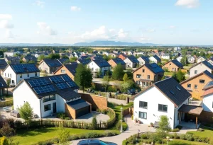 Modern homes with solar panels in a sustainable community