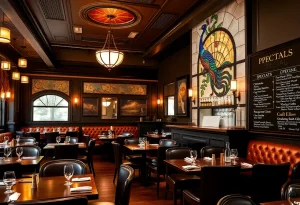 Renovated interior of West End Grill with elegant design and seating.