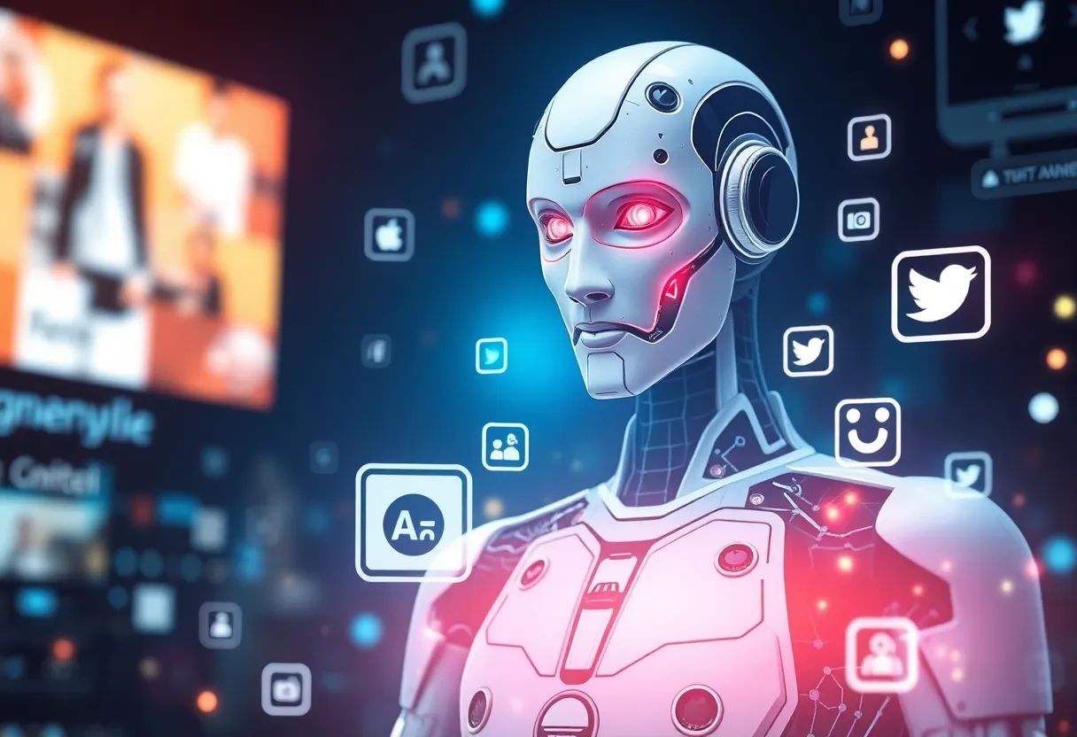 Digital artwork depicting AI innovations in social media marketing.