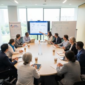 Healthcare professionals collaborating on cancer research with a focus on patient advocacy.